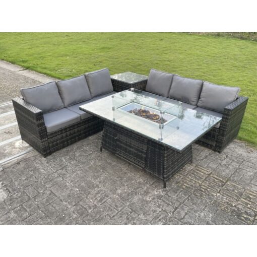 Outdoor Rattan Garden Corner Furniture Gas Fire Pit Table Dining Sets Gas Heater Burner Lounge Dark Grey 6 Seater - Fimous