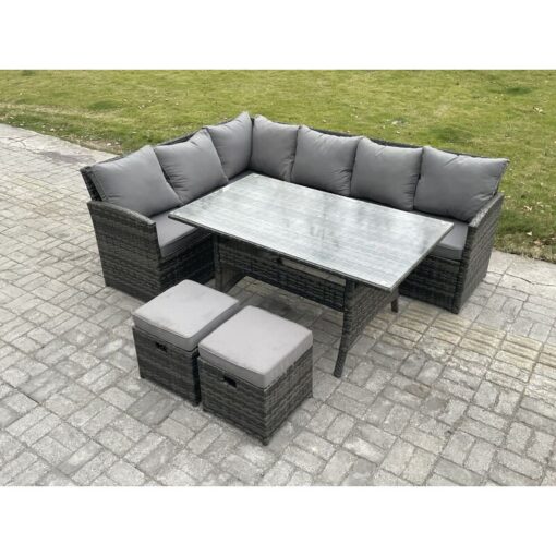 Outdoor Rattan Garden Furniture Corner Sofa Set with Rectangular Dining Table 2 Small Footstools Patio Wicker Rattan Set Dark Grey Mixed - Fimous