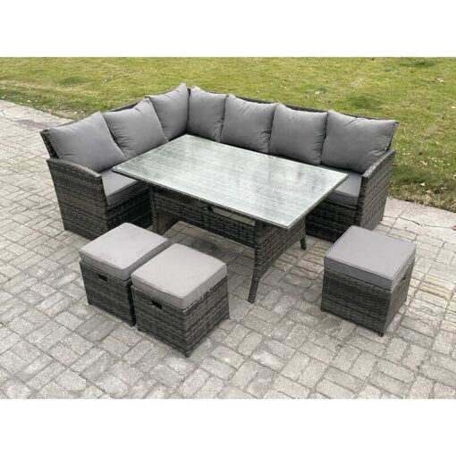 Outdoor Rattan Garden Furniture Corner Sofa Set with Rectangular Dining Table 3 Small Footstools Patio Wicker Rattan Set Dark Grey Mixed - Fimous