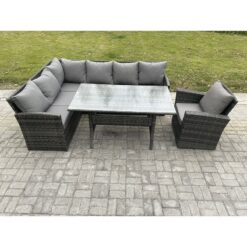 Outdoor Rattan Garden Furniture Corner Sofa Set with Rectangular Dining Table Armchair Patio Wicker Rattan Set Dark Grey Mixed - Fimous