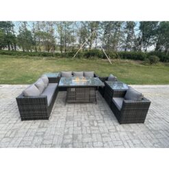 Outdoor Rattan Garden Furniture Gas Fire Pit Dining Table Sets Gas Heater Lounge Chairs Side Tables Dark Mixed Grey 8 Seater - Fimous