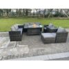 Outdoor Rattan Garden Furniture Gas Fire Pit Dining Table Sets Gas Heater Lounge Chairs Side Tables Dark Mixed Grey 9 Seater - Fimous