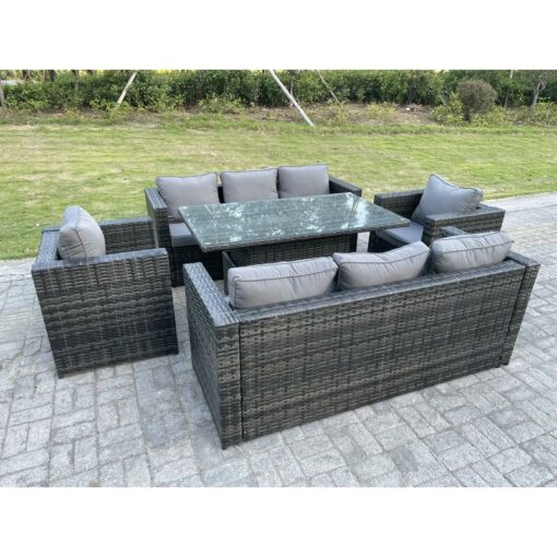 Outdoor Rattan Garden Furniture Height Adjustable Rising Lifting Table Sets Lounge Chairs Dark Grey 8 Seater - Fimous