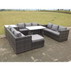 Outdoor Rattan Garden Furniture Lounge Sofa Set With Oblong Dining Table Side Coffee Table And Big Footstool - Fimous