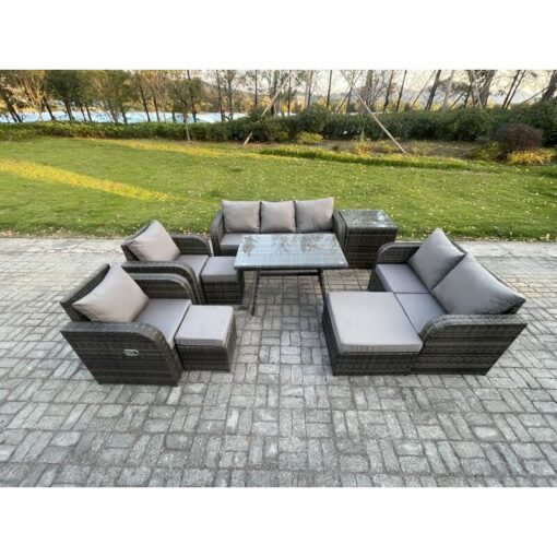 Outdoor Rattan Garden Furniture Set 10 Seater Patio Lounge Sofa Set with Dining Table 3 Footstools Side Table Dark Grey Mixed - Fimous