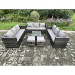 Outdoor Rattan Garden Furniture Set 11 Seater Patio Lounge Sofa Set with Square Coffee Table 2 Small Footstool Dark Grey Mixed - Fimous