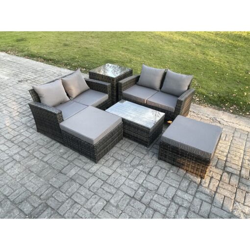 Outdoor Rattan Garden Furniture Set 6 Seater Patio Lounge Sofa Set with Side Table Coffee Table 2 Big Footstool Dark Grey Mixed - Fimous