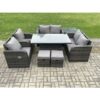 Outdoor Rattan Garden Furniture Set Patio Height Adjustable Rising lifting Dining Table Love Sofa With Side Table 2 Footstools - Fimous