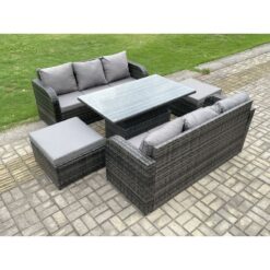 Outdoor Rattan Garden Furniture Sets Height Adjustable Rising lifting Dining Table Sofa Set with 2 Big Footstool 8 Seater Dark Grey Mixed - Fimous