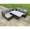 Outdoor Rattan Garden Furniture Sets Height Adjustable Rising lifting Dining Table Sofa Set with Big Footstool Dark Grey Mixed - Fimous