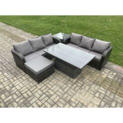 Outdoor Rattan Garden Furniture Sets Height Adjustable Rising lifting Dining Table Sofa Set with Side Table Big Footstool Dark Grey Mixed - Fimous