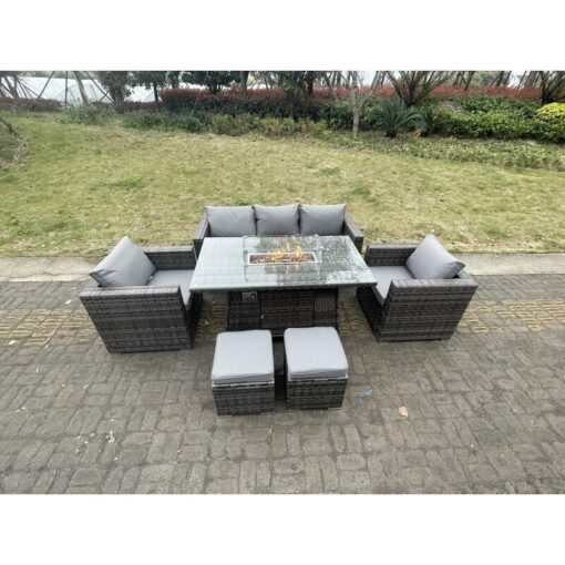 Outdoor pe Rattan Garden Furniture Gas Fire Pit Dining Table Lounge Sofa 2 pc Armchairs 2 pc Footstools Dark Grey Mixed Patio - Fimous