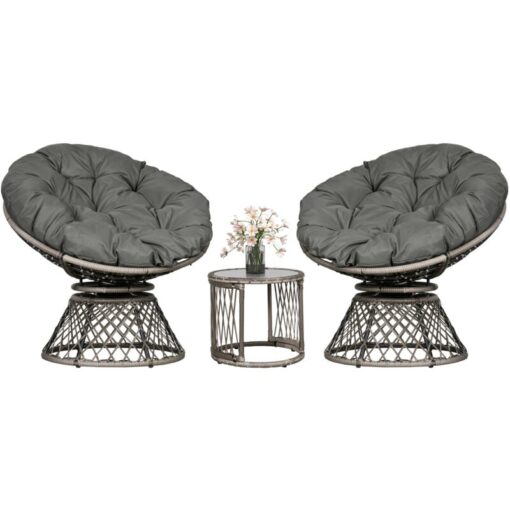 Outsunny - 3 Pieces Outdoor Rattan Bistro Set with 360° Swivel Chair and Cushions - Grey