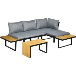 Outsunny - 3PCs Patio Furniture Set w/ Cushions, Wood Grain Plastic Top Table - Dark Grey