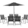 Outsunny - 8 Pieces Garden Table and Chairs with Parasol Tempered Glass Top Black - Black