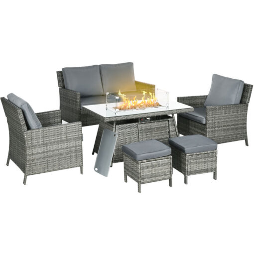 Outsunny - Rattan Garden Furniture Sofa Set Armchairs Footstools Fire Pit Table - Grey