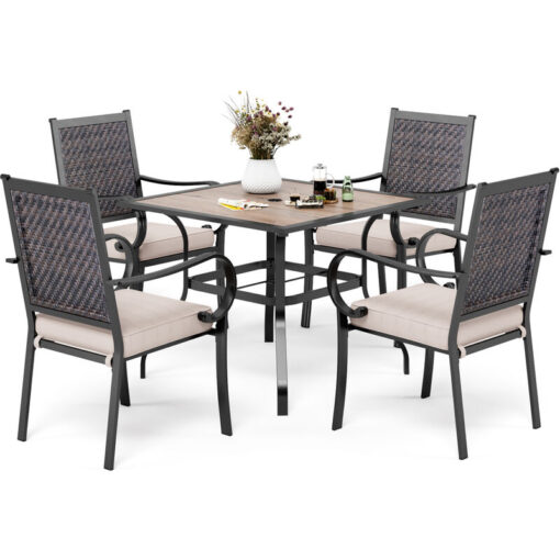 PHIVILLA Garden Table and Chairs Set 5 Piece, Garden Furniture Sets, 4 Rattan Chairs with Cushions and Metal Dining Table with Sunshade Hole