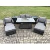 Patio Outdoor Rattan Garden Furniture Set Propane Gas Fire Pit Table Burner with Love seat Sofa 2 Big Footstool 2 Side Tables - Fimous