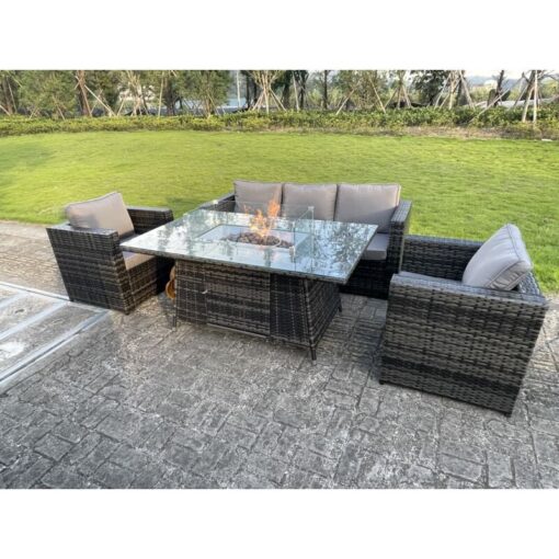 Pe Wicker 5 Seater Rattan Garden Furniture Gas Fire Pit Table Gas Heater Sets Lounge Sofa Set With Chair Clear Tempered Glass - Fimous