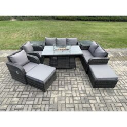 Pe Wicker Outdoor Rattan Garden Furniture Set Propane Gas Fire Pit Table and Sofa Chair set with 2 Side Tables 2 Big Footstool - Fimous