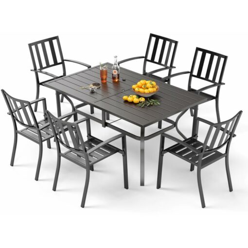 Phi villa 7 Piece Garden Furniture Set, Rectangular Metal Table with Umbrella Hole and 6 Stackable Garden Chairs, Outdoor Patio Dining Set