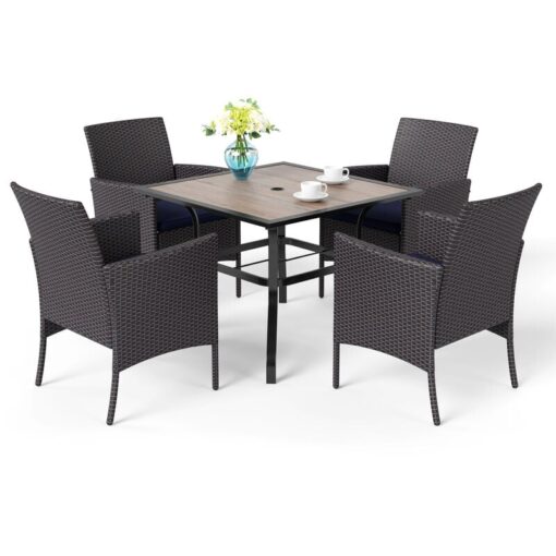 Phivilla - 5 Piece Outdoor Patio Garden Furniture Set with 4 pe Rattan Chairs and Steel Frame Square Table with Umbrella Hole Garden Table and Chairs