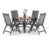 Phivilla - Garden Table and Chairs, 4 Textilene Folding Chairs, 94 cm Wood-Like Metal Table with 4cm Umbrella Hole, Garden Furniture for Patio,