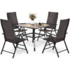 Phivilla - Patio Dining Table and Chairs Set 5, 94 cm Square Wood-Like Table with 4cm Umbrella Hole and 4 Wicker Folding Rattan Chairs for Bistro,