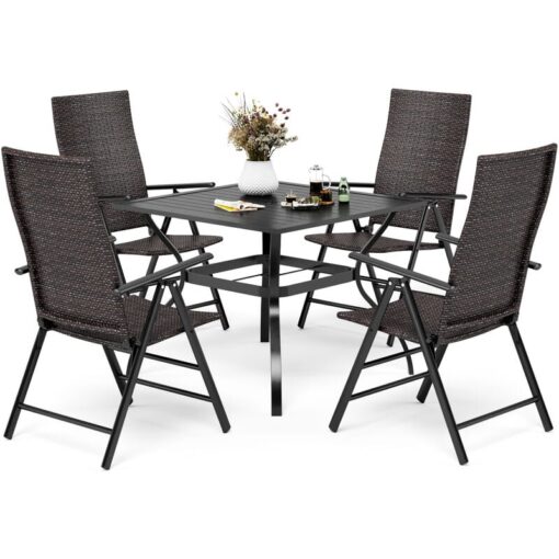 Phivilla - Patio Table and Chairs Set, 4 Wicker Rattan Folding Rattan Chairs, 94 cm Square Metal Steel Slat Table with 4cm Umbrella Hole for Garden,