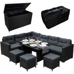 Rattan Corner Dining Set & Garden Storage Box Black 9-Seater L