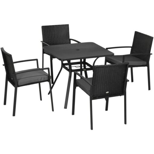 Rattan Garden Dining Set for 4 with Cushions Umbrella Hole, Black - Black - Outsunny