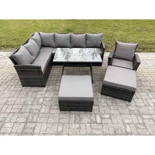 Rattan Garden Furniture Corner Sofa Set with Oblong Dining Table 2 Big Footstool Armchair Outdoor Wicker Rattan Set Dark Grey Mixed - Fimous