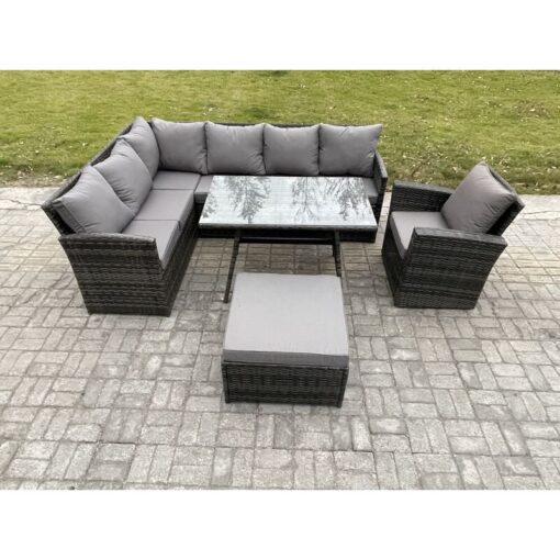 Rattan Garden Furniture Corner Sofa Set with Oblong Dining Table Big Footstool Armchair Outdoor Wicker Rattan Set Dark Grey Mixed - Fimous