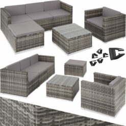 Rattan Garden Furniture Lignano Set with Armchair - sofa for garden, garden corner sofa, sofa set garden - grey - grey