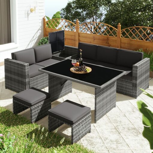 Rattan Garden Furniture Set 7-seater Garden Dining Set Garden Lounge Outdoor Corner Sofa Set with Storage Box & 2 Stools