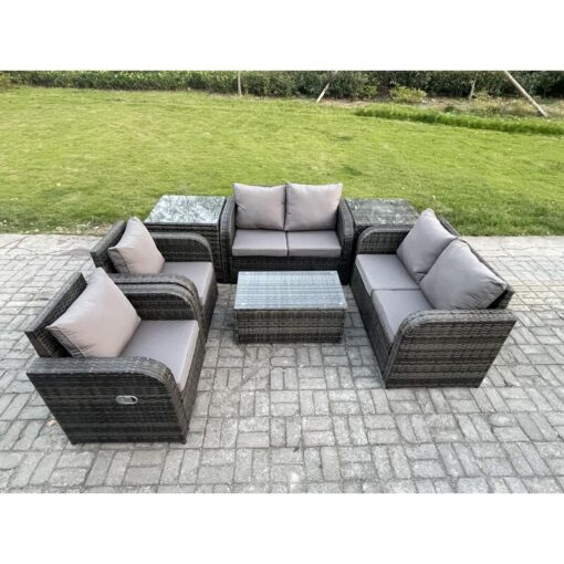 Rattan Garden Furniture Set Patio Outdoor Lounge Sofa Set with 2 Reclining Chairs Rectangular Coffee Table 2 Side Tables Dark Grey Mixed - Fimous