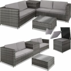 Rattan Garden Furniture Set Siena 4 seats, 1 Table, 1 Chest - garden sofa, garden corner sofa, rattan sofa - grey/light grey - grey/light grey