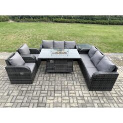 Rattan Garden Furniture Set with Fire Pit Table,Chair and Side Table 8 Seater Outdoor Patio Lounge Sofa Set Dark Grey Mixed - Fimous