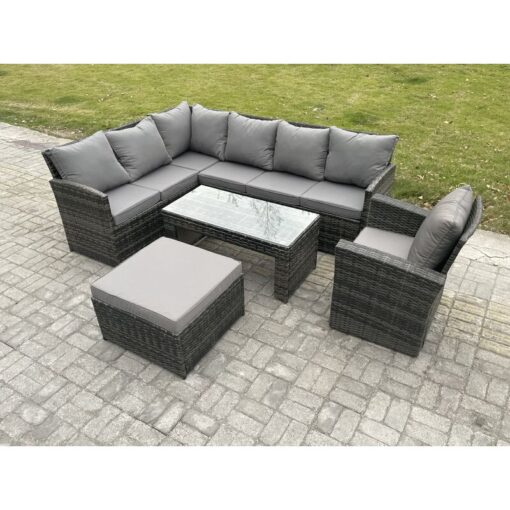 Rattan Garden Furniture Sets High Back Corner Sofa Oblong Coffee Table Set with Big Footstool Armchair Dark Grey Mixed - Fimous