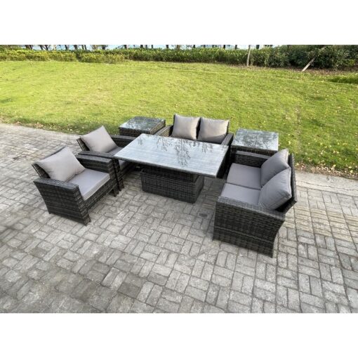 Rattan Garden Furniture Sets Patio Outdoor Rising Lifting Table Sofa Set with Double Seat Sofa 2 Side Tables Dark Grey Mixed - Fimous