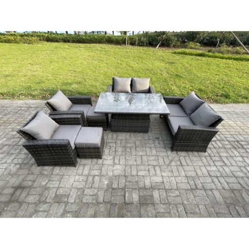 Rattan Garden Furniture Sets Patio Outdoor Rising Lifting Table Sofa Set with Double Seat Sofa 2 Small Footstools Dark Grey Mixed - Fimous