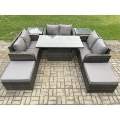 Rattan Garden Outdoor Furniture 3 pc Love Sofa Set Patio Adjustable Rising lifting Dining Table With 2 Side Tables 2 Big Footstool - Fimous