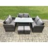 Rattan Garden Outdoor Furniture 3 pc Love Sofa Set Patio Adjustable Rising lifting Dining Table With 2 Small Footstools - Fimous