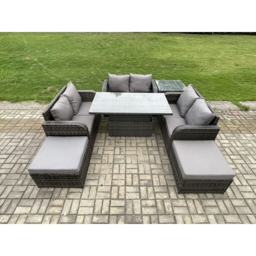 Rattan Garden Outdoor Furniture 3 pc Love Sofa Set Patio Adjustable Rising lifting Dining Table With Side Table 2 Big Footstool - Fimous