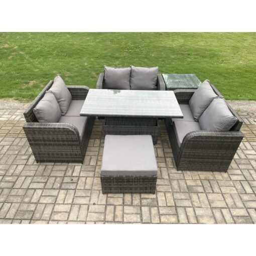 Rattan Garden Outdoor Furniture 3 pc Love Sofa Set Patio Adjustable Rising lifting Dining Table With Side Table Big Footstool - Fimous