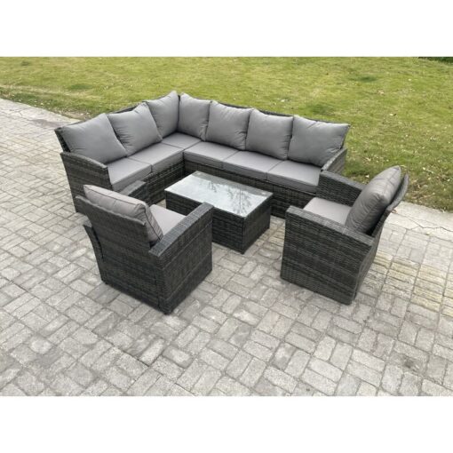 Rattan Lounge Corner Sofa Set Wicker pe Outdoor Garden Furniture Set with Rectangular Coffee Table 2 Armchairs Dark Grey Mixed - Fimous