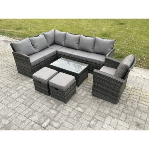 Rattan Lounge Corner Sofa Set Wicker pe Outdoor Garden Furniture Set with Rectangular Coffee Table 2 Small Footstools Chair Dark Grey Mixed - Fimous