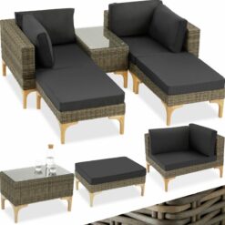 Rattan Lounge Set Bellaria 2 Chairs, 2 Stools, 1 Side table - Rattan lounge, garden lounge, lounge set - nature - nature