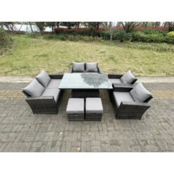 Rattan Outdoor Furniture Adjustable Rising Lifting Rectangle Dining Table Chairs Two Seater Love Sofa Sets Footstools 8 Seater - Fimous