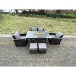 Rattan Outdoor Furniture Gas Fire Pit Rectangle Dining Table Gas Heater Chairs Two Seater Love Sofa Sets Footstools 6 Seater - Fimous